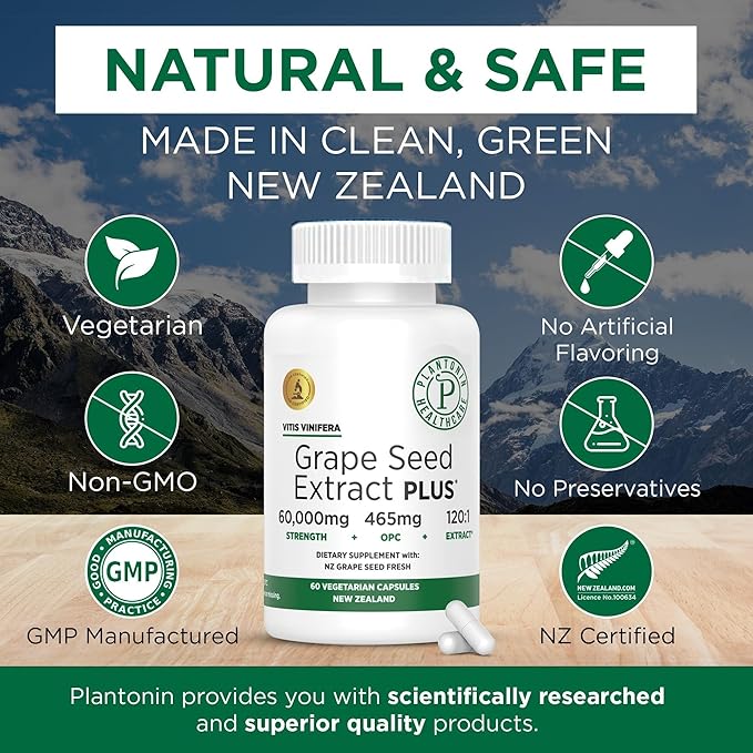 Grape Seed Extract Plus-Vitis Vinifera (60 Capsules)-60000 mg Strength 60 Vegan Capsules 465mg Polyphenols (Proanthocyanidins) Potent 120:1 2 Month Supply Non-GMO and All-Natural