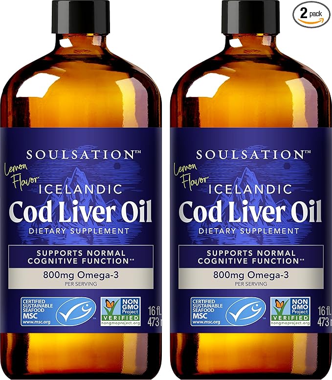 SOULSATION Icelandic Cod Liver Oil Liquid Lemon (16oz - Pack of 2) - Vitamins A &amp D EPA &amp DHA - Helps Vision Skin Membranes &amp Immune Function - MSC Certified Non-GMO