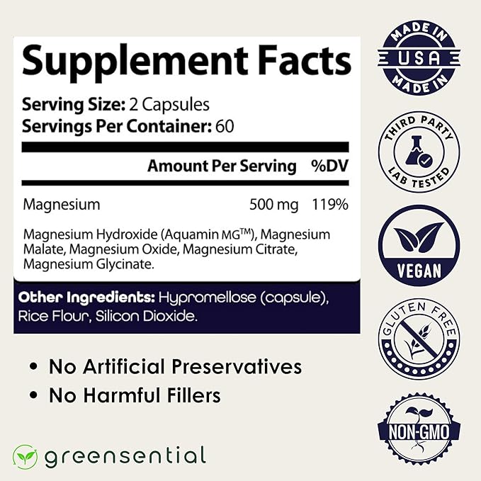5-in-1 Magnesium Complex 500mg | 120 Capsules | Glycinate Malate Citrate Oxide &amp Aquamin® | Sleep Muscle &amp Heart Support | Made in USA 2X 3rd-Party Tested Vegan