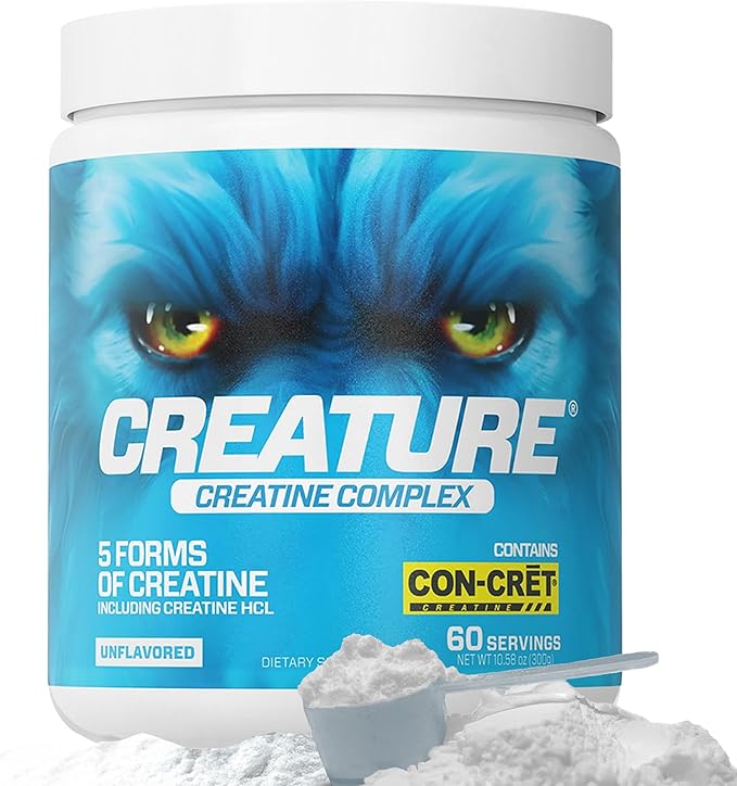 CREATURE® Creatine Complex - Creatine Monohydrate Powder with 5 Types of Creatine Including Con-Crēt® Creatine HCL Promotes Muscle Strength Endurance Brain Health Unflavored 300g 60 Servings