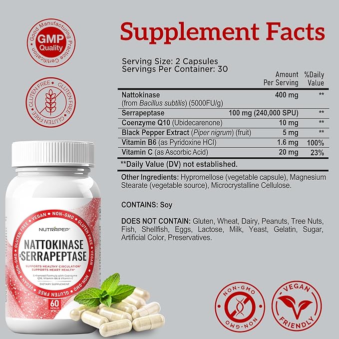 Nattokinase 2000 FU Serrapeptase 240000 SPU Supplement - Enhanced with Coenzyme CoQ10 Vitamin B6 Vitamin C Black Pepper Extract - Nattokinase 400mg Capsule for Men Women