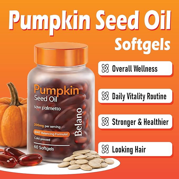 BELANO Pumpkin Seed Oil with Saw Palmetto Capsules Pumpkin Seed Oil for Hair Growth Improve Hair Loss Cold Pressed Promote Hair Growth Maintain Body Balance 60 Softgels