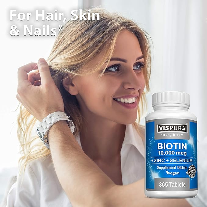Biotin 10000 mcg + Zinc + Selenium Pure Vegan &amp Extra Strong Best Supplement for Hair Growth Glowing Skin Strong Nails* 365 Tablets for 12 Months Natural Without Additives