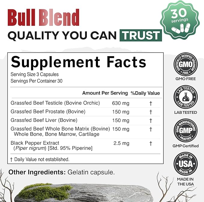 Wild Grass Fed Beef Organ Supplement for Men - Complete Ancestral Nutrition Complex with Beef Liver Testicle Prostate &amp Bone Matrix - Organ Meat Supplements - 30 Day Supply