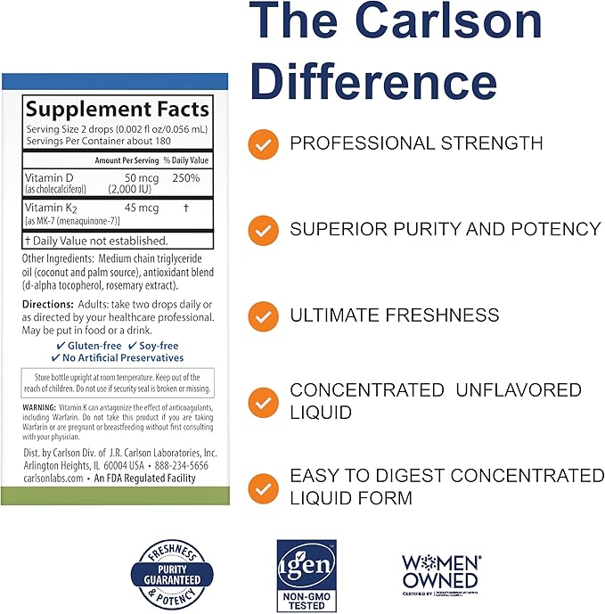 Carlson Super Daily D3 + K2 50 mcg D3 + 45 mcg MK-7 Heart &amp Bone Health 360 Liquid Drops 10.16 ml