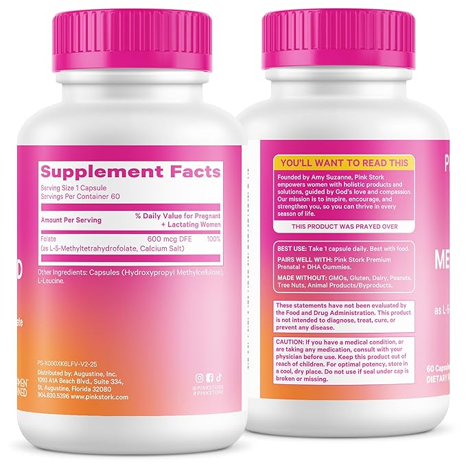 Pink Stork Folate: Methyl Folate - MTHFR Acid Natural Form of Folic Acid for Pregnancy Formulated for Mom + Baby Women-Owned 60 Capsules (Packaging May Vary)