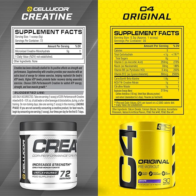 Cellucor Pre Workout &amp Creatine Bundle C4 Original Pre Workout Powder Grape 30 Servings + Cor Performance Creatine Powder 72 Servings
