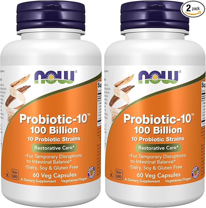 NOW Foods SupplementsProbiotic-10™100 Billionwith 10 Probiotic StrainsDairySoy and Gluten FreeStrain Verified60 Veg Capsules(Pack of 2)