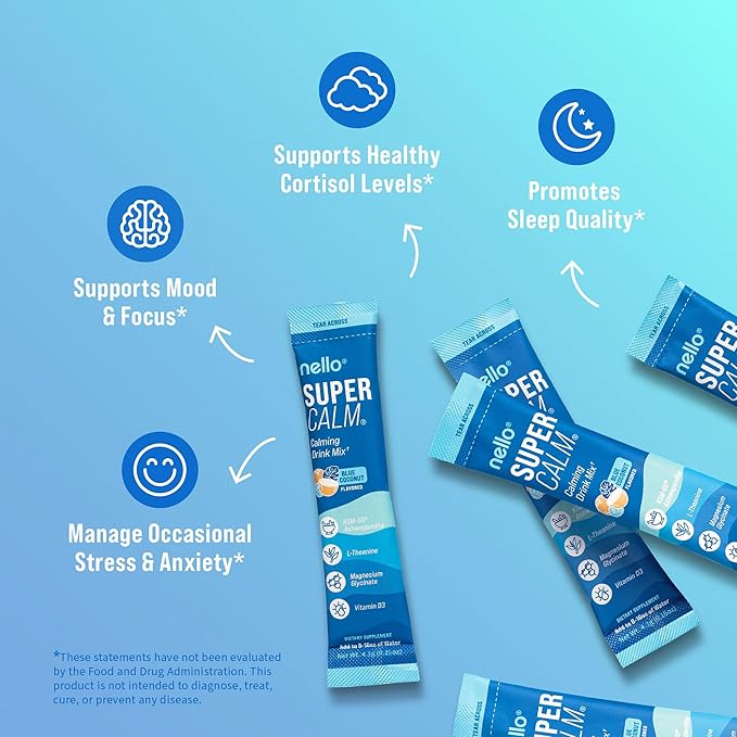 Nello Supercalm Drink Mix with Magnesium Glycinate KSM 66 Ashwagandha Vitamin D3 and L Theanine Calm Powder Supplements for Relaxation Support No Sugar Travel Packets 20 Ct Blue Coconut