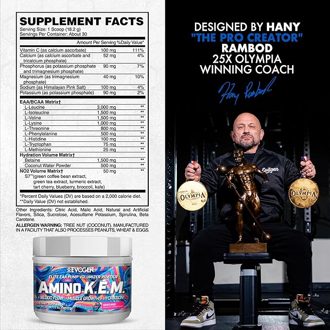 Evogen Amino K.E.M. - EAA &amp BCAA Powder Pump Volumizer | BCAAs Amino Acids Supplement for Blood Flow Muscle Growth &amp Hydration | Sour Candy | 30 Servings
