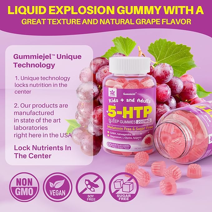 5HTP Gummies for Adults &amp Kids 8+ Melatonin Free Gummies with Magnesium Glycinate GABA L-Glycine Ashwagandha Vitamin B6 for Delicious Zzzs Brain &amp Muscle Relaxation 0 Sugar 60 Count (Pa