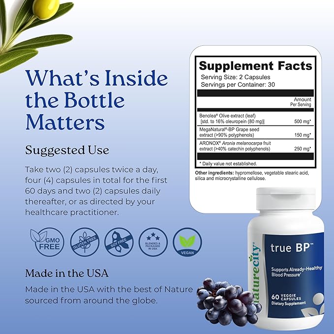 NatureCity True-BP | Supplements to Support Blood Flow for Heart Health | MegaNatural-BP 80mg 16% Oleuropein (60 Veggie Capsules) Non-GMO Gluten Free