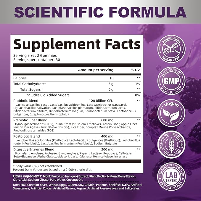 Pre Post Probiotics Gummies 5 in 1 Probiotic Prebiotic Postbiotic Digestive Enzymes with Fiber 120 Billion CFU Probiotics for Gut Health Sugar Free Vegan BlackBerry Flavor 120 Cts