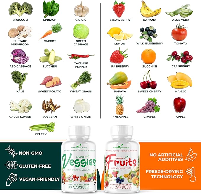 Daily Fruits and Veggies Supplement - 360 Capsules for 60 Days Non GMO &amp Gluten Free Superfood with Natural Vitamins - Powered by Plants 4-Pack