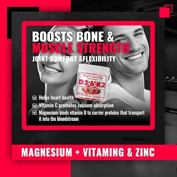Nutravita Sugar-Free Vitamin D3 K2 Chews with Calcium + K2 (MK-7) Magnesium Citrate Vitamin C Extra Strength - Ultimate Absorption for Bone Muscle Teeth ImmuneVegan - 60 Count-Strawberry Flavor.