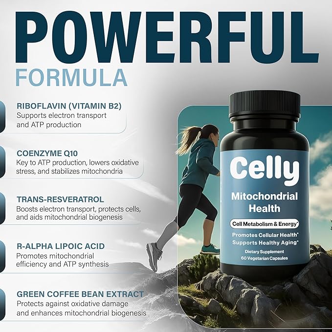 Celly Mitochondrial Health | Longevity Supplement for Cellular Nutrition and Healthy Aging | Promotes Mitochondria ATP Energy with CoQ10 Resveratrol &amp Green Coffee | Made in USA &amp 3rd Party T