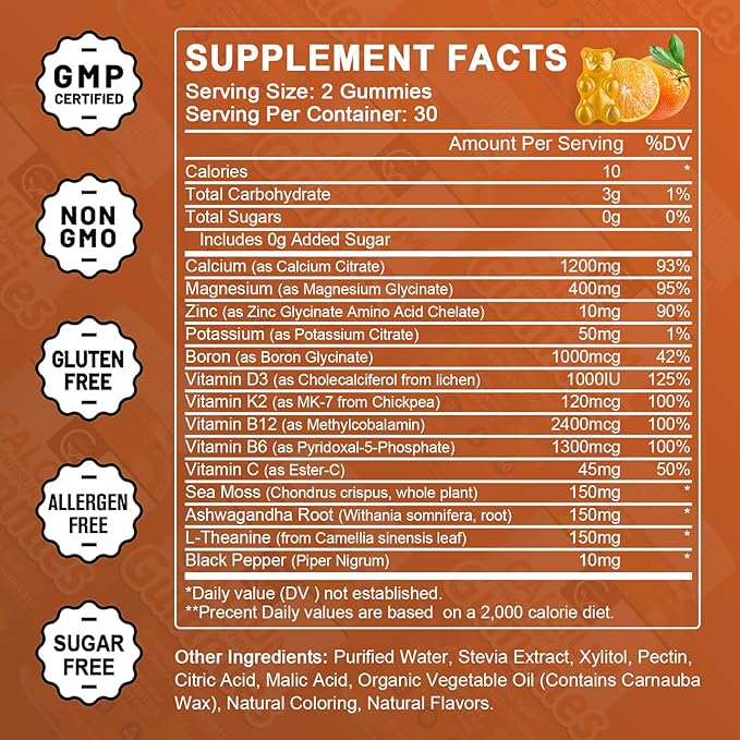 1200mg Calcium Gummies with Vitamin D3K2B12 &amp B6 - Plant Complex Calcium Magnesium Supplement with GlycinatePotassiumSea MossAshwagandha Root for Bone &amp Teeth Strength Muscle &amp Immun