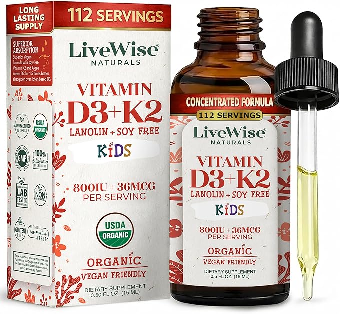 Live Wise Naturals Vitamin D3 K2 Kids Liquid Drops - 112 Servings Ultra Concentrated Formulation Fast Absorption 800 IU &amp 35 MCG for Calcium &amp Bone Support - Daily Nutritional Support Parent