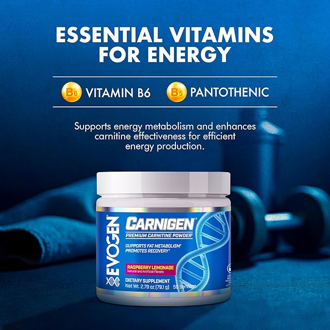 Evogen Carnigen - Premium Carnitine Powder | Supports Fat Metabolism &amp Promotes Recovery | Stimulant-Free L Carnitine Supplement Matrix with Acetyl L-Carnitine | Raspberry Lemonade | 50 Servings