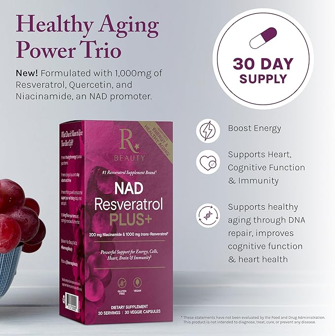 Reserveage NAD Resveratrol Plus+ - Antioxidant Support for Brain Health Heart Health Cellular Energy &amp More - 30 Veggie Capsules (30 Servings)