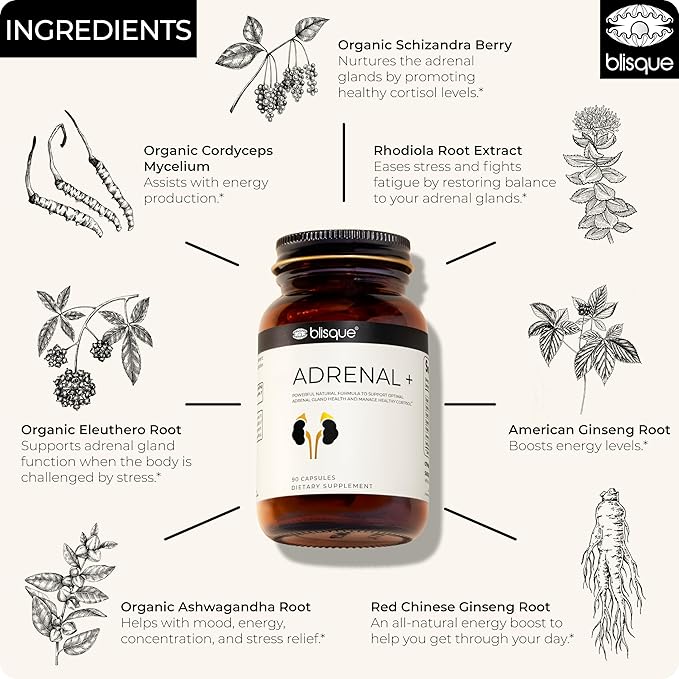 Blisque – Natural Adrenal Support Supplement for Adrenal Health Cortisol Manager Fatigue and Stress Relief | Doctor-Approved | with Ashwagandha | 90 Capsules | Vegan and Non-GMO