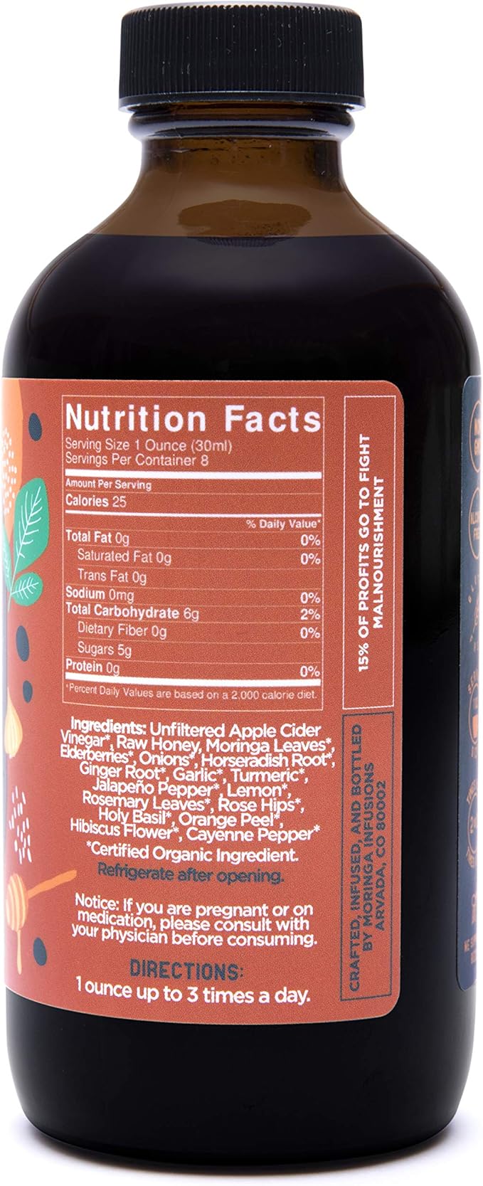 VINGA Lava Raw Apple Cider Vinegar Fire Cider with Cold Pressed Moringa Oleifera 8 oz. Natural Cold and Flu Remedy and Immune System Booster Antioxidant Rich Superfood with 92 Essential Nutrients