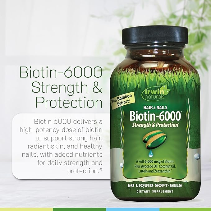 Irwin Naturals Biotin-6000 - Supports Strength &amp Protection for Hair &amp Nails with Avocado Oil Coconut Oil Lutein &amp Zeaxanthin - 60 Liquid Softgels