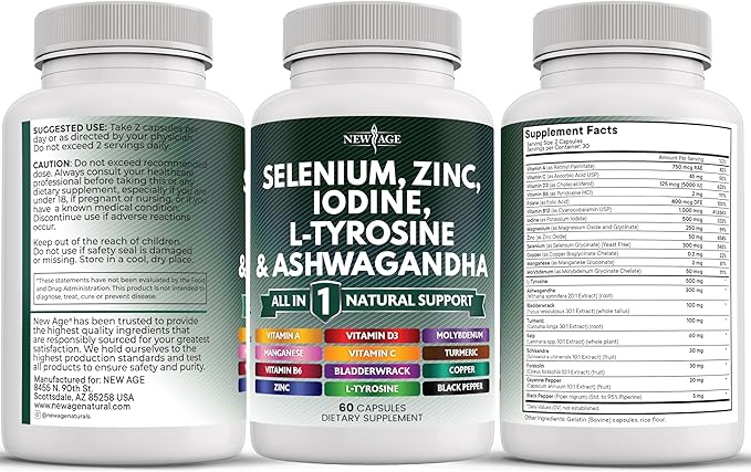 Selenium Zinc Iodine L Tyrosine Ashwagandha - Support Supplement for Women and Men with Bladderwrack Turmeric Silica Kelp Schisandra - 60 Count