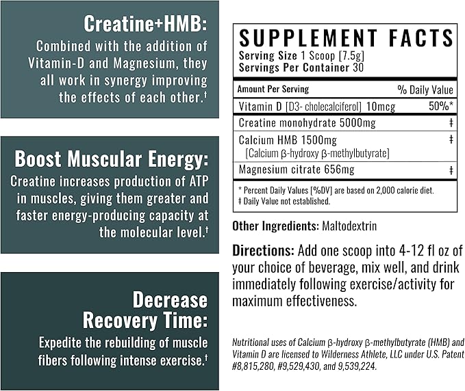 Wilderness Athlete - Creatine HMB - Micronized Creatine Monohydrate Powder HMB and Vitamin D3 Supplement - Creatine Powder Butyrate Supplement - Best Rated Creatine for Women &amp Men