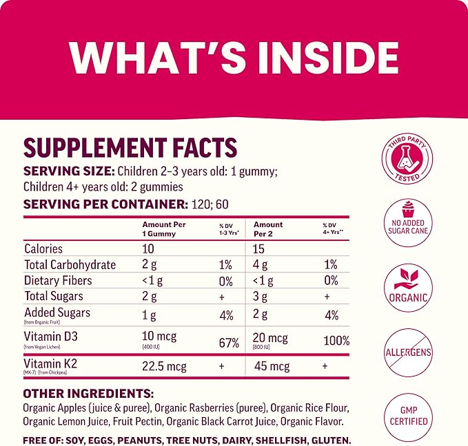 Llama Naturals Vitamin D3 K2 Gummies for Kids Vegan Organic Children Toddler Vitamin D Gummies Real Fruit Gummy Vitamins No Added Sugar Cane Raspberry 120 Ct