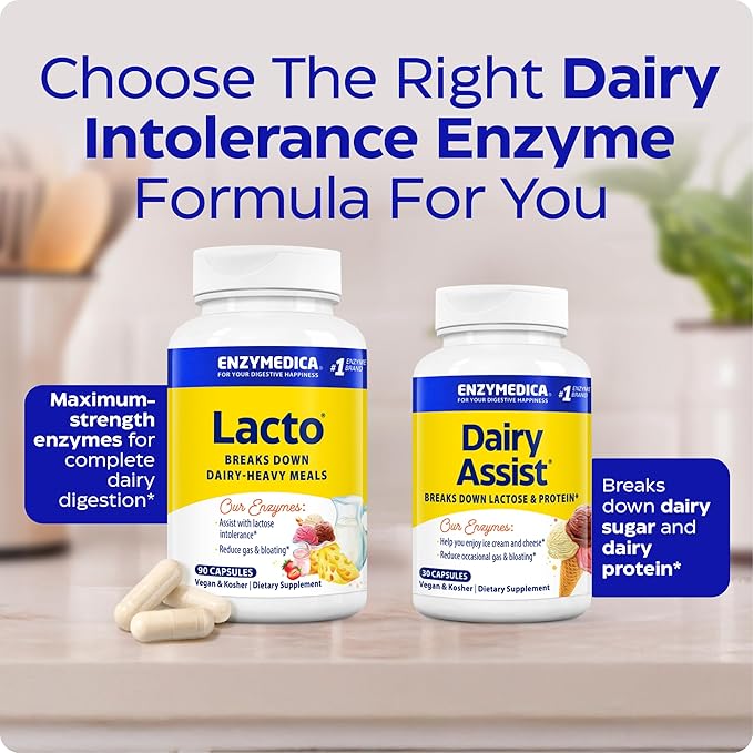 Enzymedica Lacto Digestive Enzymes for Men &amp Women - Lactose Intolerance Support Supplement with Lactase Enzyme Breaks Down Dairy Heavy Meals Helps Reduce Gas &amp Bloating Gluten Free - 90 Ca