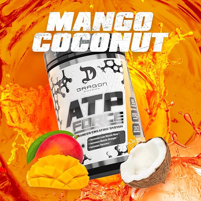 DRAGON PHARMA ATP Force Enhanced Creatine System Stim-Free Increase Lean Muscle Mass &amp Recovery 5 Grams of CreaPure Improves Blood Flow (30 Servings Mango Coconut)