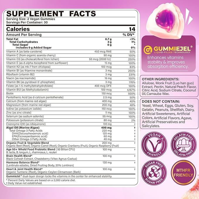 Multivitamin for Women 50 Plus Gummies Vegan Omega 3 Methylfolate Calcium D3 K2 CoQ10 Daily Vitamin A C E Methylated B12 Biotin B Complex Zinc - Bone Energy Longevity - Sugar Free 60Count