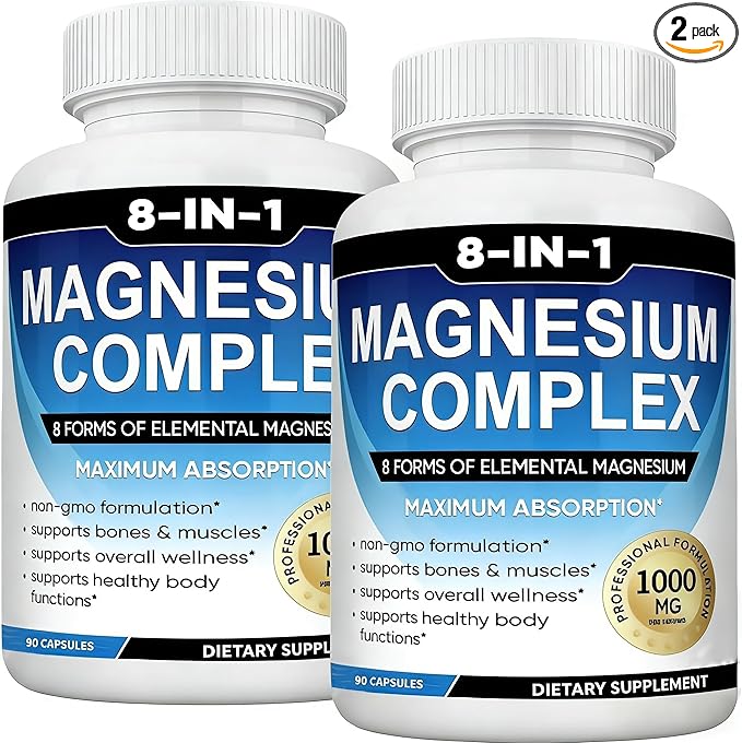 Magnesium Complex Supplement 8 Elemental 1000mg with GlycinateCitrate for Muscle Recovery Stress Energy Bone Health Vegan Non-GMO 180 Capsules Magnesium Supplement for Women Men 2 Bottle