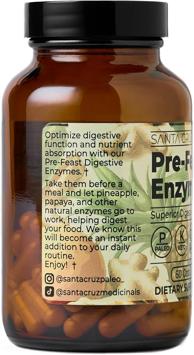 Santa Cruz Paleo Pre-Feast Digestive Enzymes Supplement Multi Enzyme for Women and Men Fiber Supplement for Gut Health &amp Digestive Health Gluten Free Keto Paleo Sugar Free 60 Capsules