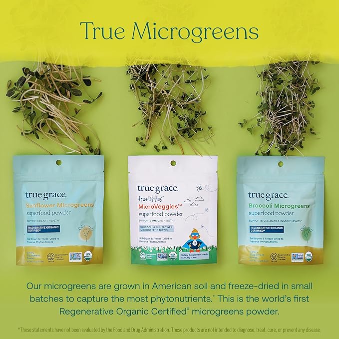 True Grace Broccoli Microgreens - 0.4 oz - Daily Superfood Powder for Cellular &amp Immune Health - Gluten &amp Soy Free Vegan Regenerative Organic Certified - 30 Servings