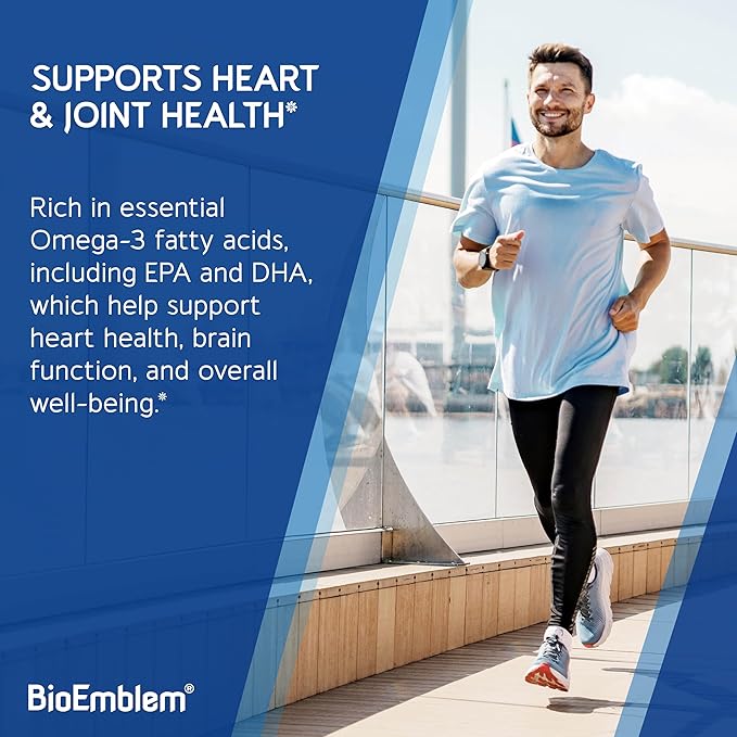 BioEmblem Omega-3 Fish Oil 2000mg - Small Size Softgels High Absorption Form Sustainable - 1400mg EPA &ampDHA Plus Vitamin D3 Non-GMO Heart Joint &amp Brain Health Fish Oil Supplement 120 Ct