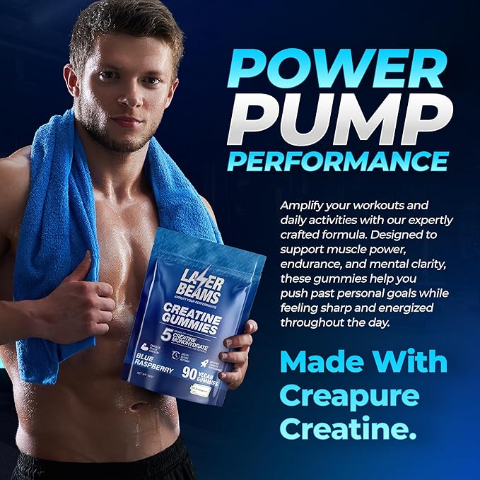 Creatine Monohydrate Gummies for Women &amp Men- 5g Creapure Creatine per Serving - Vegan Blue Raspberry Flavor - Boost Muscle Strength Endurance Recovery &amp Mental Focus (90 Gummies)