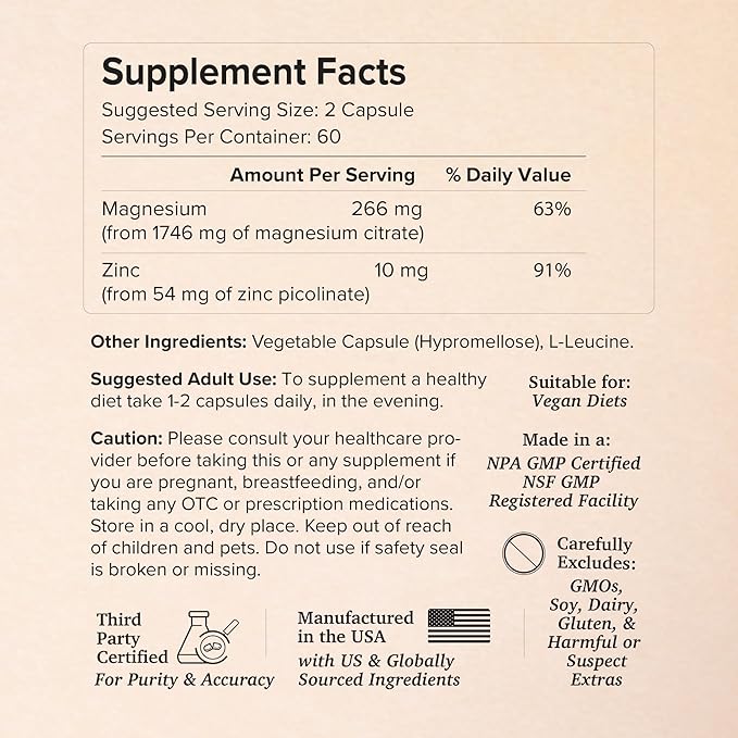 Potent &amp Pure Magnesium &amp Zinc Complex - Fully Reacted Magnesium with Chelated Zinc Picolinate - by Rootcha | 120 Capsules