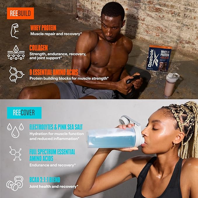 Reebok Post-Workout Amino Acids + Protein Bundle: REEcover Rocket Moon Pop + REEbuild Chocolate Fudge | Muscle Recovery Hydration Strength Joint Support