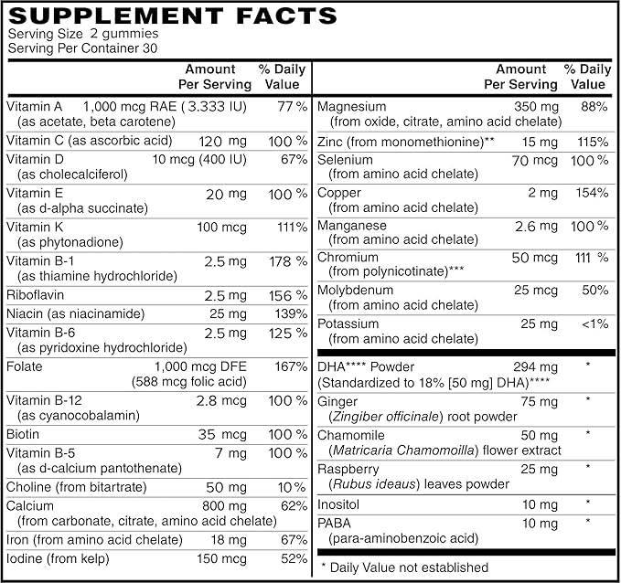 Complete Prenatal Vitamins Folic Acid Iron Choline for Neural Tube Support Omega-3 DHA for Fetal Brain Development Calcium-Helper D3 &amp K2 Non-GMO Vegan Gummies