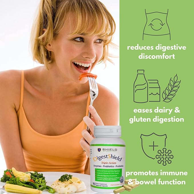 DigestShield® Probiotic &amp Prebiotic Supplement + Digestive Enzymes Beat the Bloat Safely Digest Dairy Gluten and Processed Foods Reduce Fat Absorption with Chitosan 90-Meal Supply