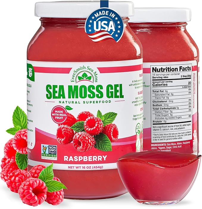 Wildcrafted Irish Sea Moss Gel | Made in USA | Rich in Vitamins &amp Minerals | Sea Moss Gel Raw | Nutritional Supplement | Raspberry (16 oz)