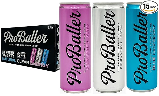 ProBaller Clean Energy Drink - Athlete-Grade Energy for Focus &amp Performance Zero Sugar NSF Certified for Sport Natural Caffeine Biotin Electrolytes Amino Acids &amp B Vitamins - Variety 12