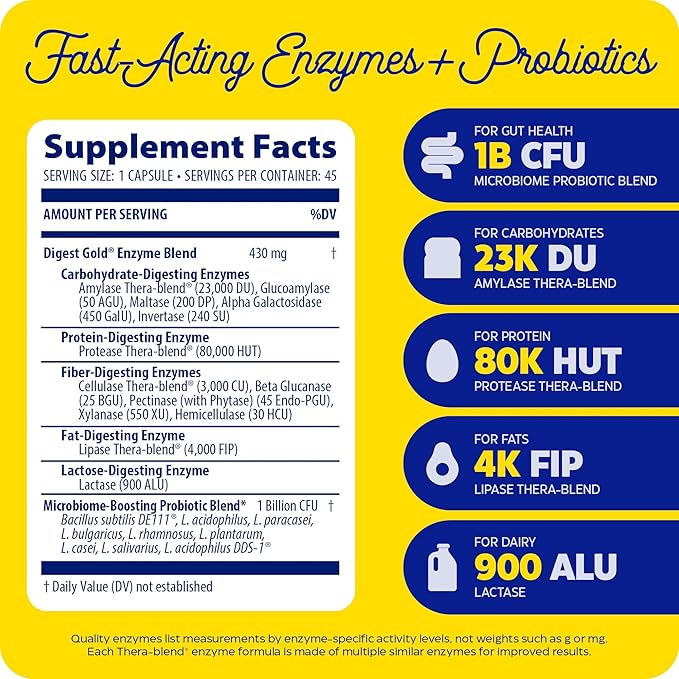 Enzymedica Digest Gold + Probiotics 2-in-1 Digestive Enzymes &amp Probiotic Support Promotes Gut Health with 1 Billion Active Cultures 45 Capsules