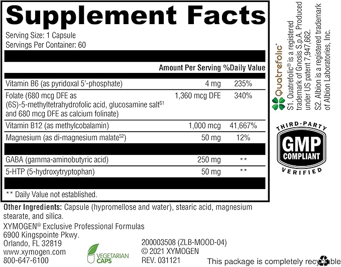 XYMOGEN Mood Food - Supports Relaxation &amp Healthy Mindset - Active Folate &amp 5-MTHF - Serotonin Support Complex for Nervous System Health - Vegetarian Non-GMO &amp Gluten-Free - 60 Capsules
