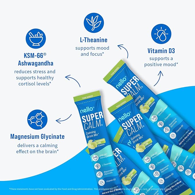 Nello Supercalm Powdered Drink Mix Cortisol Reducer and Sleep Aid Supplement L Theanine Ksm-66 Ashwagandha Magnesium Glycinate Vitamin D 3 No Sugar Non GMO On The Go 20 Ct Cucumber Lime