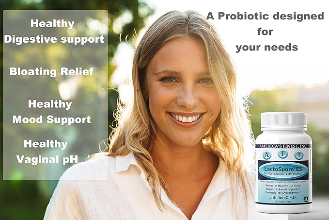 AFI LactoSpore® ES Spore Probiotic | 5B CFU Heyndrickxia Coagulans | Supports Gut Digestive Immune &amp Vaginal Health | Positive Mood Balance I Dairy Gluten &amp Soy Free | Made in USA - 60 Caps
