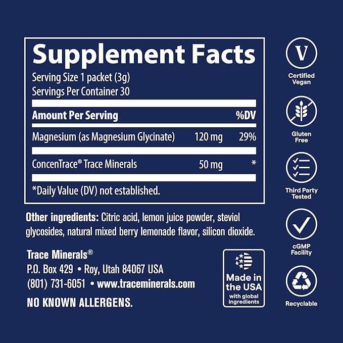 Trace Minerals Magnesium Glycinate - Bedtime Magnesium Supplement for Sleep Support - Nervous System &amp Healthy Mindset Support - Travel-Friendly Stick Packs - Mixed Berry Lemonade Flavor - 30 Serv