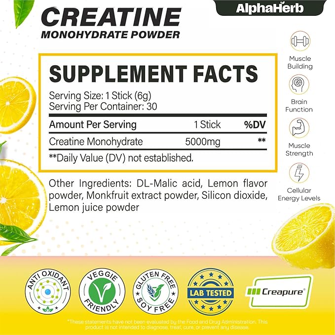 Creatine Monohydrate Powder – Creapure® German-Sourced Lemon Flavour 30 Stick Creatine Packs 5000mg Each | No Sugar No Fillers Gluten-Free